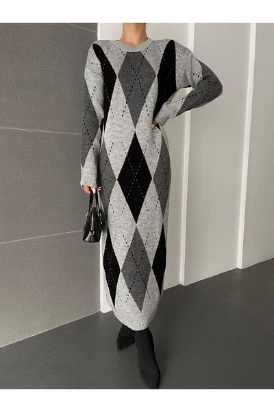buqre's moda Γυναικείο Πλεκτό Φόρεμα με λαιμόκοψη με διαμάντια πολύχρωμο