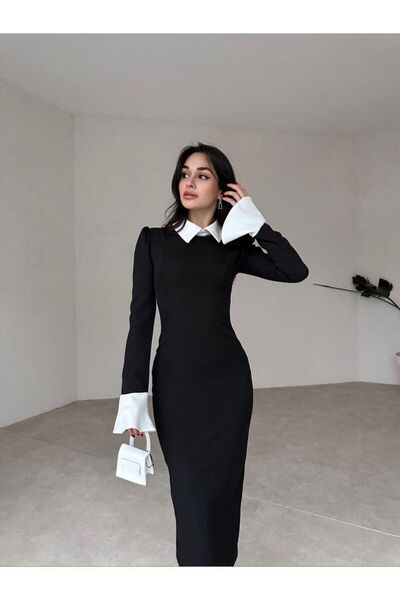 buqre's moda فستان ميدي بياقة قميص عثماني من الليكرا