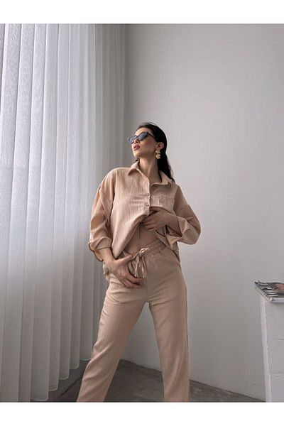 buqre's moda قميص نسائي من الكتان المزدوج بنطلون سفلي علوي