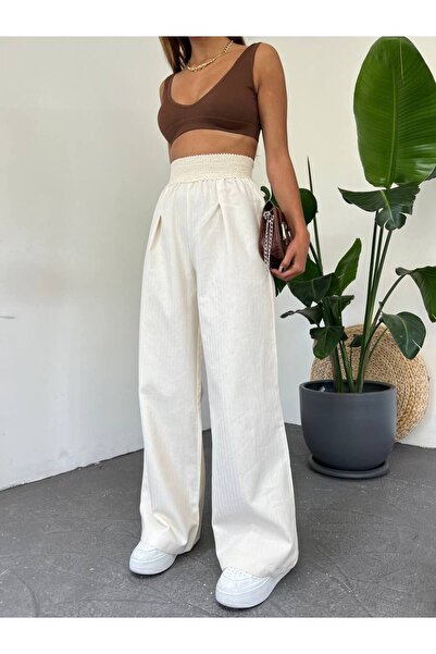 buqre's moda Women's High Waist Rubber Detailed Linen Wide Leg Pants Cream