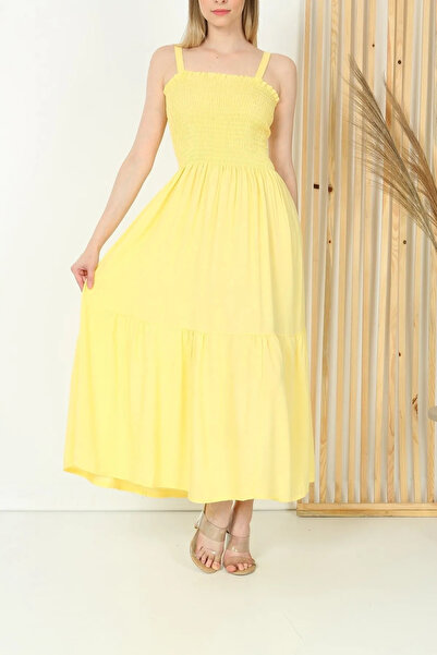 KaSheHa Kalın Askılı Eteği Fırfırlı Üstü Gipeli Yazlık Elbise 125 Cm