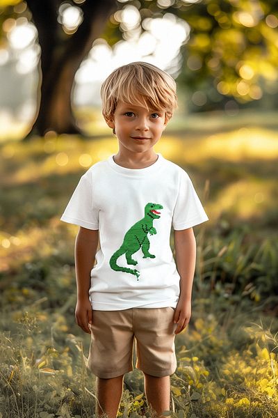 TRENDYOLKIDS Weißes Jungen-T-Shirt aus Baumwolle mit Dinosaurier-Pailletten und kurzen Ärmeln TKDSS24TS00033