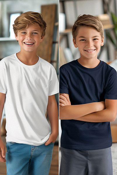 TRENDYOLKIDS Navy Blue and White 2-Piece Knitted T-Shirt Set for Boys - TKDSS24TS00021
