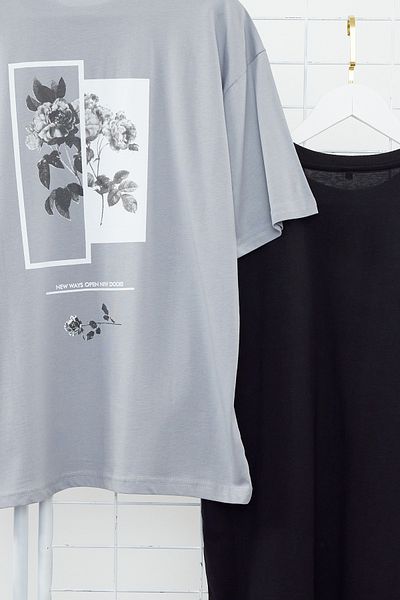 Trendyol Collection Πακέτο 2 Γκρι-Μαύρο μπλουζάκι Oversize - TNSS24TS00195