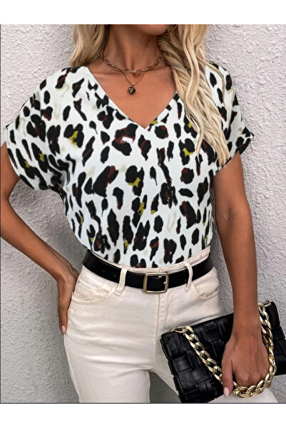 Moka Shopin V-Neck Leopard Print Women's Short Sleeve Crepe Blouse