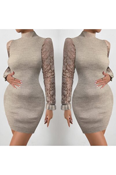 Moka Shopin Rochie de damă mini tricotată cu mânecă lungă din tul