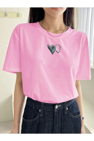 Boi Μπλουζάκι με μοτίβο καρδιάς Vintage στυλ Oversize - Two Heart One Piece Minimal Print