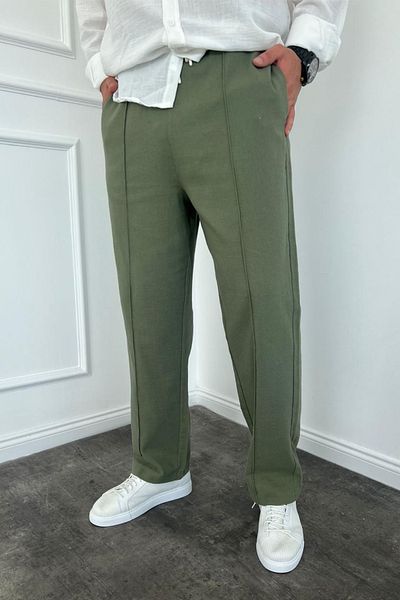 MADZEYMODA Ανδρικό φαρδύ φαρδύ παντελόνι με ελαστική μέση χακί πράσινο ριγέ