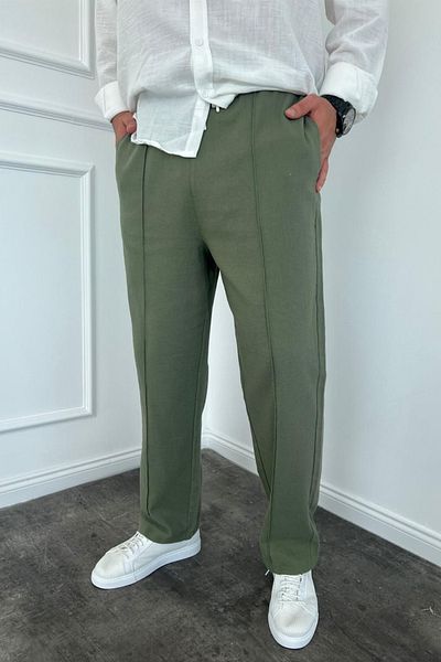 MADZEYMODA Ανδρικό φαρδύ φαρδύ παντελόνι με ελαστική μέση χακί πράσινο ριγέ