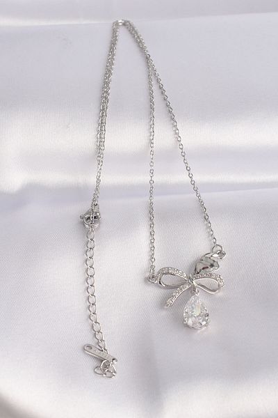 Moka Shopin Zircon Stone Drop Detailed Silver Bow Necklace - 316L Steel Chain
