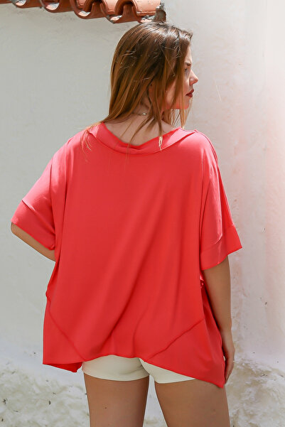 Chiccy Round Neck and Low Sleeve Asymmetrical Knitted T-Shirt - Candy Pink