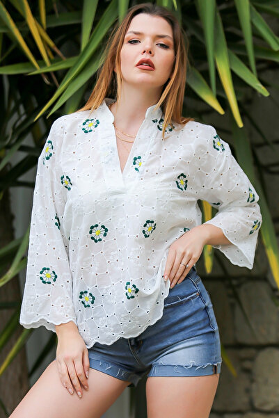 Chiccy Ecru High Collar - Long Sleeve and Embroidered Scalloped Casual Blouse