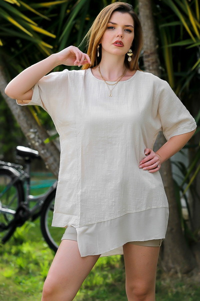Chiccy Beige Asymmetrical Short Sleeve Blouse - Round Neck Casual
