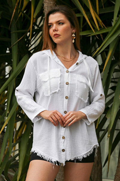 Chiccy White Organic Cotton Hooded Muslin Jacket - Long Sleeve, Button and Pocket