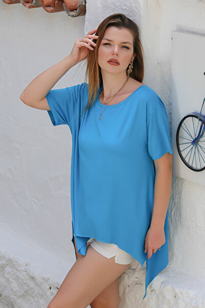 Chiccy Μπλε Oversize T-Shirt με χαμηλό μανίκι με λαιμόκοψη