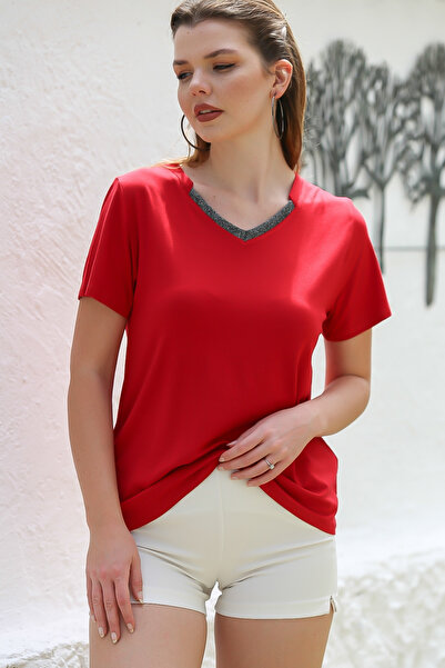 Chiccy Kırmızı V Yaka Kısa Kol Örme Garnili Örme Casual Bluz