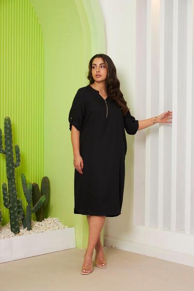 RMG Plus Size Black Dress - Collar Zipper Detail