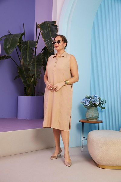 RMG Mink Plus Size Dress - Sleeveless with Shirt Collar and Pocket Detail