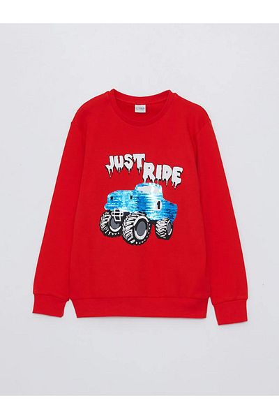 LC Waikiki LCW Kids Crew Neck Printed Sequin Embroidered Long Sleeve Boys' T-Shirt
