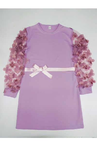 Melek Bebeğim Girl's Special Occasion Dress with Tulle Sleeves and Waist Belt