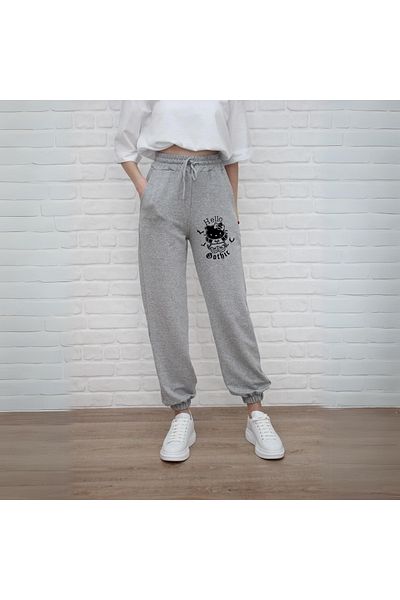 Touz Moda Hello Gothic Printed Unisex Grey Sweatpants