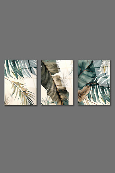 BV DEKOR 3 PARÇALI PALMİYE YAPRAK CAM TABLO-3LÜ SOYUT TARZ DEKORATİF DUVAR TA...