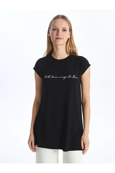 LC Waikiki LCW Modest - Γυναικείο τουνίκ με στάμπα με λαιμόκοψη, κοντό μανίκι