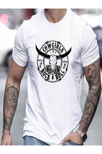 CLASSY.MODA Μπλουζάκι με λευκή στάμπα Oversize - Crew Neck, κοντό μανίκι