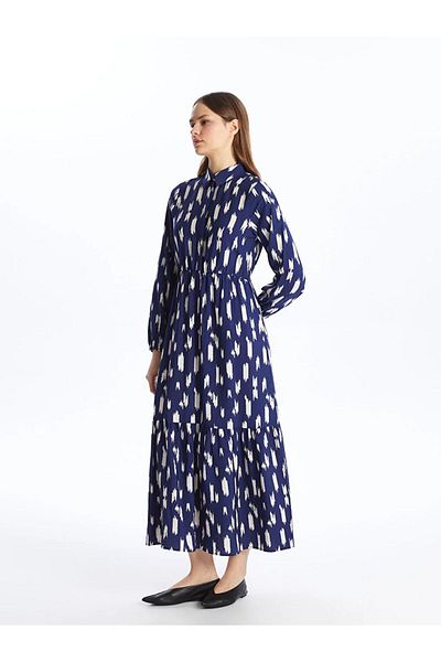 LC Waikiki LCW Modest Shirt Collar Floral Long Sleeve Women's Dress