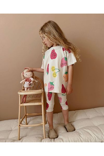 SACRO KİDS Strawberry Patterned Tights T-Shirt and Top Set for Girls
