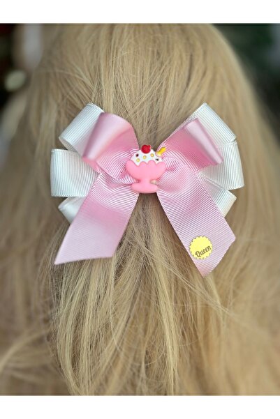 QUEEN AKSESUAR Πολυστρωματικό ροζ λευκό cupcake - με αυτόματο κλιπ και φιόγκο