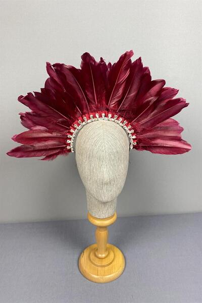 Limelia إكسسوار تاج الحناء ذو الريش الحجري باللون العنابي