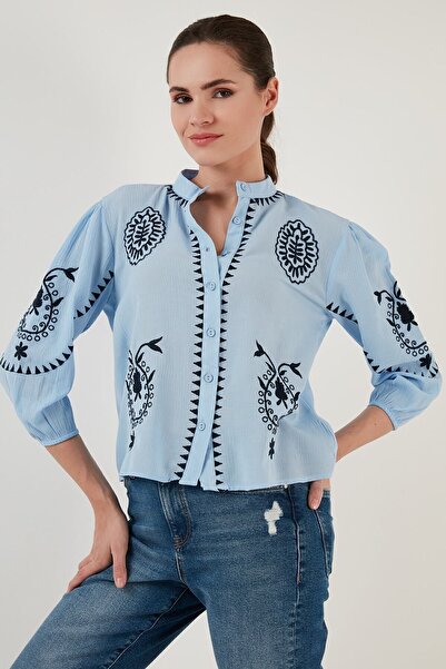 Lela Embroidery Embroidered Three-Quarter Sleeve Prevailing Collar Cotton Sile Cloth Shirt Shirt 611bz0044