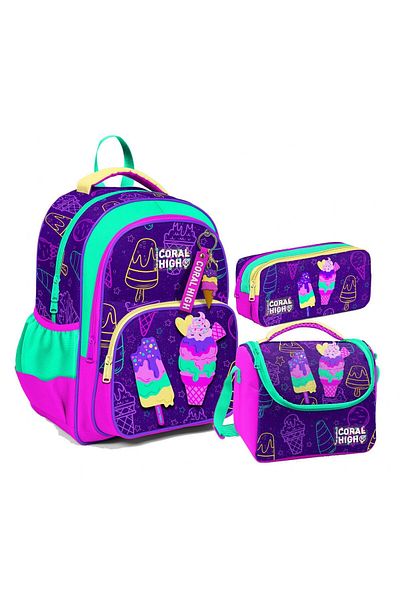 Coral High Set de geanți pentru școală primară cu trei compartimente cu model de înghețată violet roz pentru fetiță