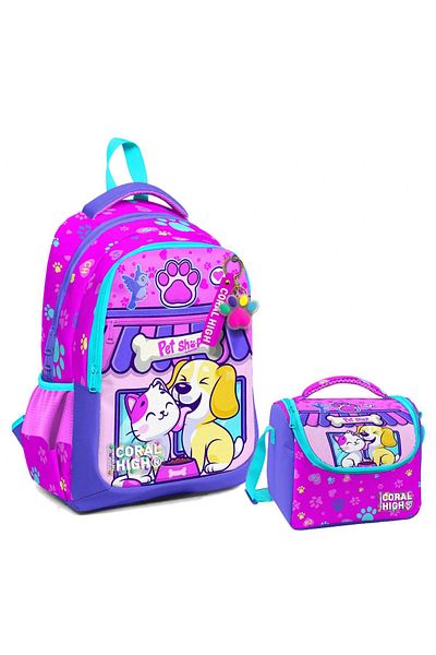 Coral High Școală primară cu trei compartimente și cutie de prânz pentru fată - model câine pisică