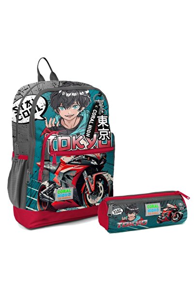 Coral High Сумка для хлопчика з малюнком сірого аніме-мотоцикла та набір пена...