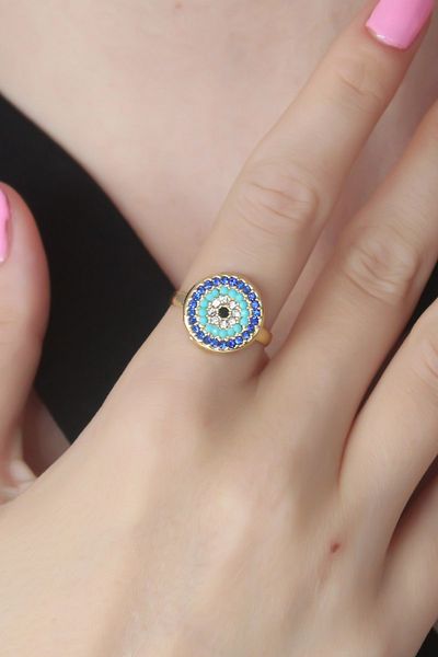 Moka Shopin Gold Colored Evil Eye Beaded Figured Women's Ring