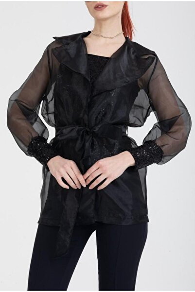 BERNE Siyah Kuşaklı Organze Şifon Tül Kadın Ceket