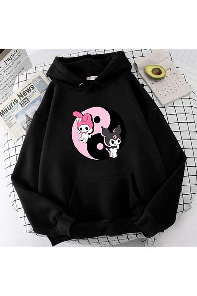 Touz Moda Φούτερ Kuromi & Melody Μαύρη κουκούλα