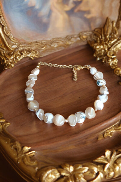 MGA DOĞAL TAŞ Açık Kahve Beyaz Sedef Taşı Bileklik Dorika Bileklik Çelik Zincir Yuvarlak Sedef Taş Halhal