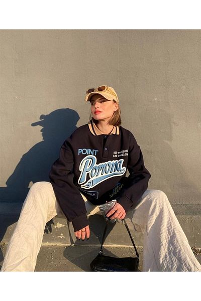 Touz Moda Φούτερ Unisex με γιακά πόλο σε στυλ Street Navy Blue Pomona