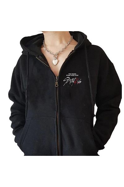 Touz Moda Stray Kids Printed Oversize Ζακέτα με φερμουάρ Μαύρη Unisex με κουκούλα