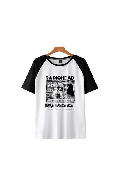 Touz Moda Tricou oversize unisex alb cu mâneci raglan cu imprimeu Radiohead