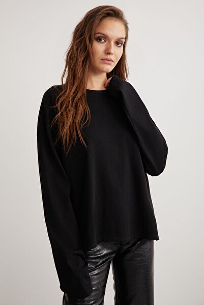 GRIMELANGE Basıl Kadın %100 Pamuk Bisiklet Yaka Oversize Fit Uzun Kollu Siyah T-shirt