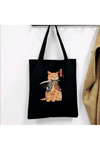 Touz Moda Samurai Cat Black Cloth Bag