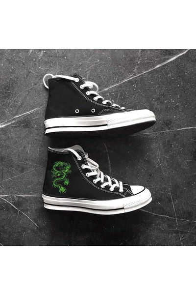 Touz Moda Pantofi de pânză neagră unisex - imprimat cu dragon albastru