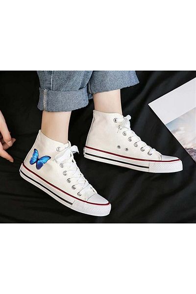 Touz Moda Pantofi Canvas Unisex Albi - Imprimat Fluture Albastru