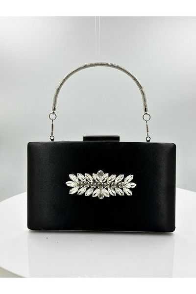 MidStore Culoare Neagră Satin Cu Carcasă Argintiu Piatră Argintie Geanta Rochie De Seara Geanta De Seara Portofoliu De Logodna Nunta