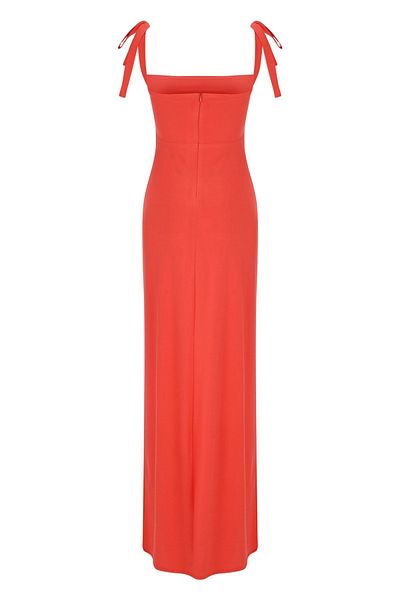 Whenever Company Orange Adjustable Strap Square Neckline Deep Slit Long Evening Dress