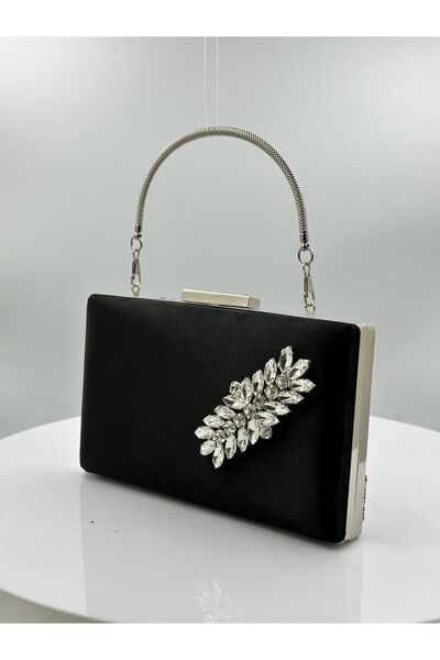 MidStore Culoare Neagră Satin Cu Carcasă Argintiu Piatră Argintie Geanta Rochie De Seara Geanta De Seara Portofoliu De Logodna Nunta